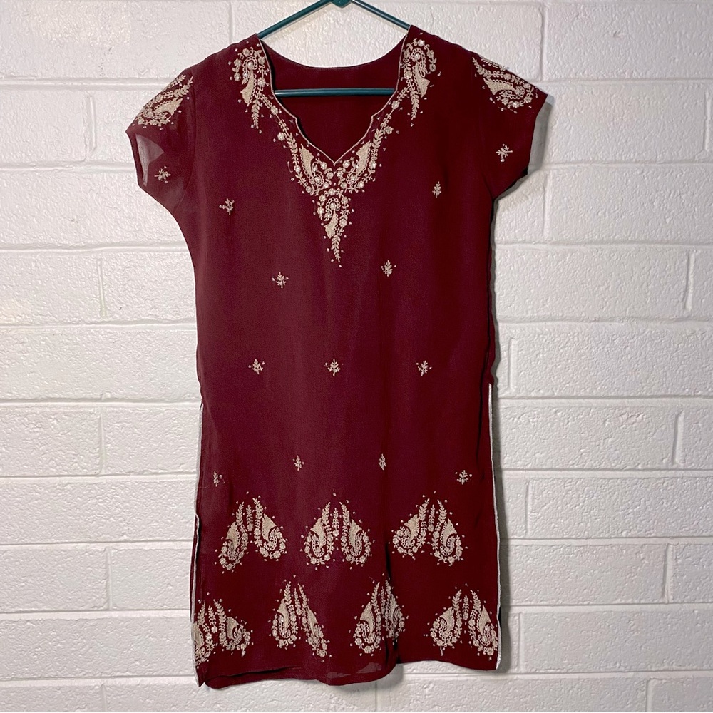 Embroidered and Beaded Kurta Tunic Dress Short Sleeve Burgundy Maroon Sparkly